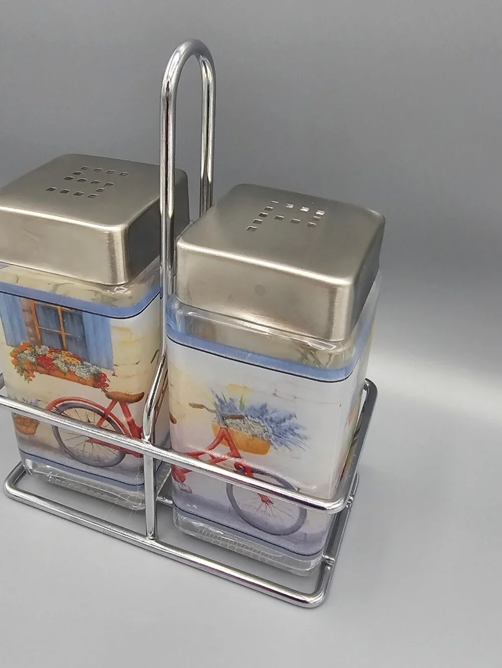 Vintage Bicycle Themed Salt and Pepper Shakers with Metal Stand
